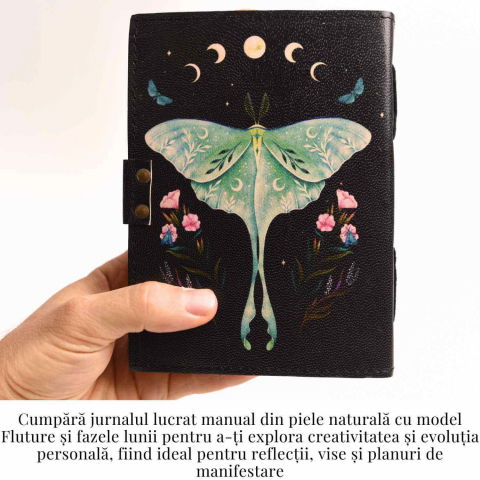 Jurnal din piele naturala cu incuietoare epoca, fazele lunii si fluture – Magie si creativitate [1]