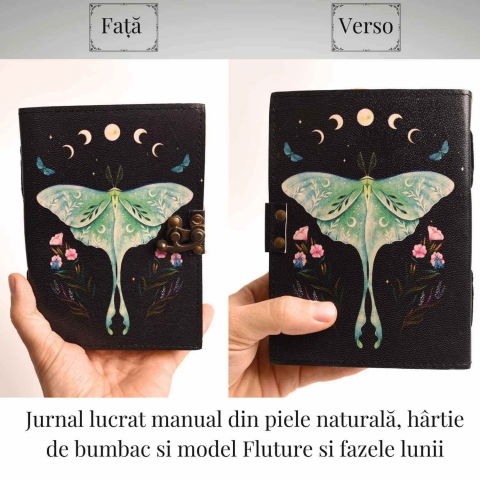 Jurnal din piele naturala cu incuietoare epoca, fazele lunii si fluture – Magie si creativitate [4]