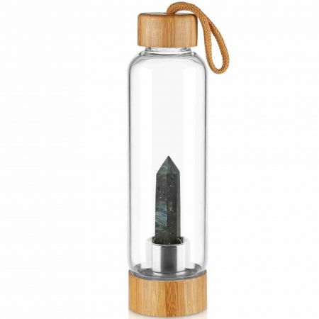 Sticla pentru apa cu varf cristal Labradorit si Bambus - Capacitate 500 ml si include husa de protectie neagra - Copie