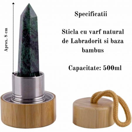 Sticla pentru apa cu varf cristal Labradorit si Bambus - Capacitate 500 ml si include husa de protectie neagra - Copie [1]