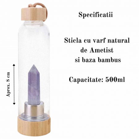 Sticla pentru apa cu varf cristal Ametist si Bambus - Capacitate 500 ml si include husa de protectie neagra - Copie - Copie [1]
