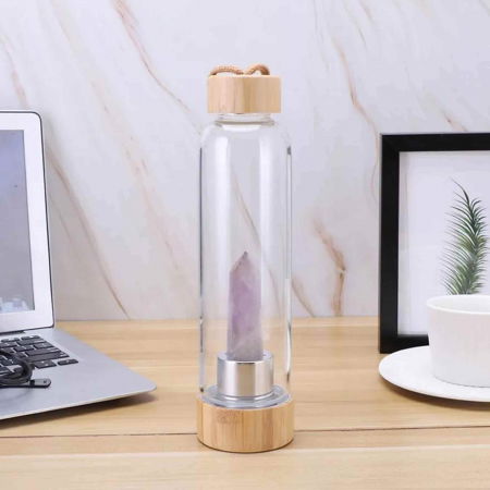 Sticla pentru apa cu varf cristal Ametist si Bambus - Capacitate 500 ml si include husa de protectie neagra - Copie - Copie [2]
