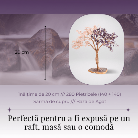 Copacel Decorativ cu Ametist si Cuart Roz pe Baza de Agat - Armonie si Energie - 20 cm, 280 Pietricele [2]