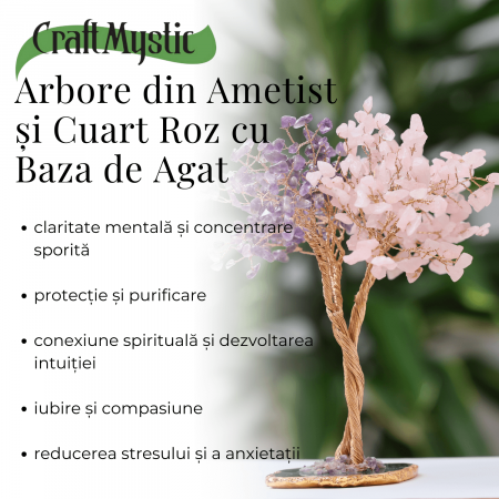 Copacel Decorativ cu Ametist si Cuart Roz pe Baza de Agat - Armonie si Energie - 20 cm, 280 Pietricele [5]