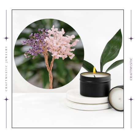 Copacel Decorativ cu Ametist si Cuart Roz pe Baza de Agat - Armonie si Energie - 20 cm, 280 Pietricele [7]