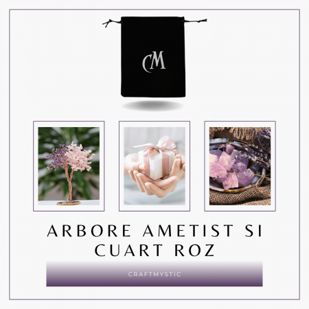 Copacel Decorativ cu Ametist si Cuart Roz pe Baza de Agat - Armonie si Energie - 20 cm, 280 Pietricele [8]