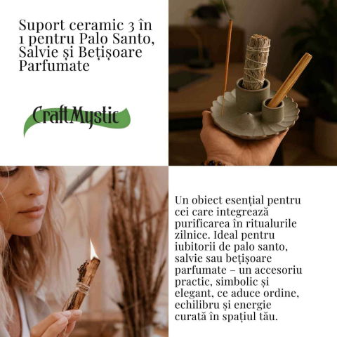 Suport ceramic 3 in 1 pentru salvie, Palo Santo si betisoare parfumate – model rotund [3]
