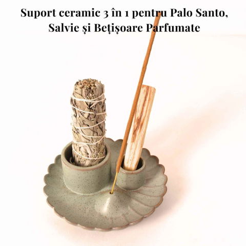 Suport ceramic 3 in 1 pentru salvie, Palo Santo si betisoare parfumate – model rotund [5]