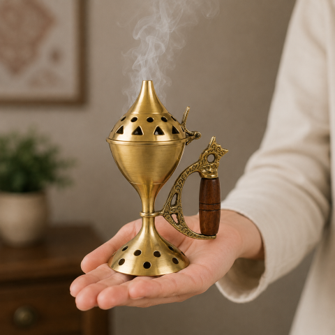 Arzator de Conuri din Alama cu Maner din Lemn – Ritual de Purificare si Relaxare Spirituala [1]