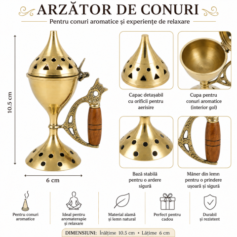 Arzator de Conuri din Alama cu Maner din Lemn – Ritual de Purificare si Relaxare Spirituala [2]