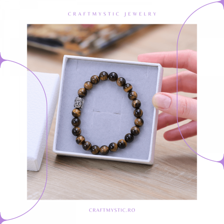 Bratara Elastica cu Margele 8mm din Piatra Naturala Ochi de Tigru si Pandantiv Buddha [3]