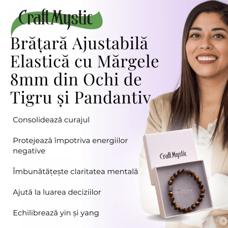 Bratara Elastica cu Margele 8mm din Piatra Naturala Ochi de Tigru si Pandantiv Buddha [5]