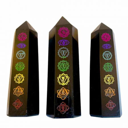 Turn de cristal din Obsidian Negru 9-10 cm cu cele 7 Chakre - Baghetă hexagonală pentru vindecare, reiki și decor pentru casă și birou [4]