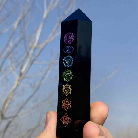 Turn de cristal din Obsidian Negru 9-10 cm cu cele 7 Chakre - Baghetă hexagonală pentru vindecare, reiki și decor pentru casă și birou [6]