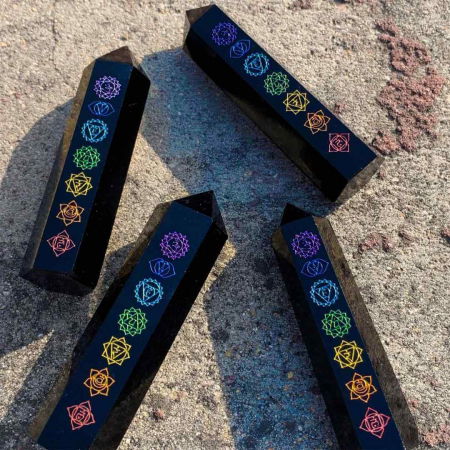 Turn de cristal din Obsidian Negru 9-10 cm cu cele 7 Chakre - Baghetă hexagonală pentru vindecare, reiki și decor pentru casă și birou [5]