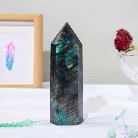 Bagheta din cristal natural de labradorit 10-11 cm -  Turn de cristal vindecator, baghete mari naturale cu 6 puncte fatetate pentru Reiki, chakra, meditatie, colectie, decor acasa [4]