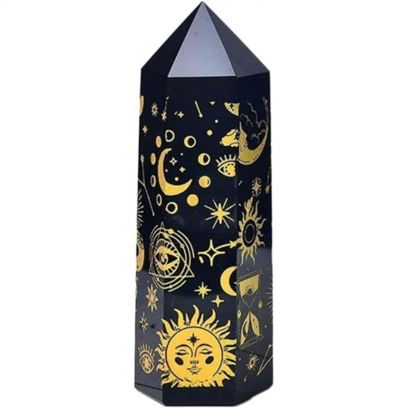 Vârfuri de Cristal - Turn din Cristal de Obsidian Natural de 9-10 cm cu Model Stea si Luna Acoperit cu Auriu -  Bagheta pentru decor, meditatie