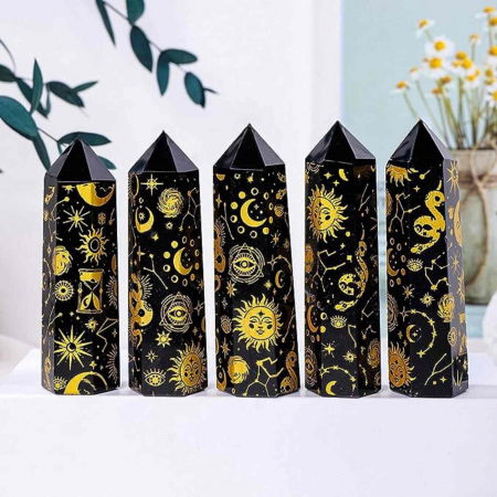 Turn din Cristal de Obsidian Natural de 9-10 cm cu Model Stea si Luna Acoperit cu Auriu -  Bagheta pentru decor, meditatie [3]