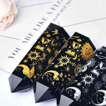 Turn din Cristal de Obsidian Natural de 9-10 cm cu Model Stea si Luna Acoperit cu Auriu -  Bagheta pentru decor, meditatie [4]