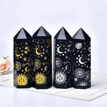 Turn din Cristal de Obsidian Natural de 9-10 cm cu Model Stea si Luna Acoperit cu Auriu -  Bagheta pentru decor, meditatie [5]