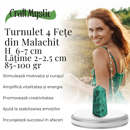 Turnulet 4 fete din Malachit H = 6-7 cm latime 2-2.5 cm 85-100 gr - Concentrare Energetica și Protectie [7]