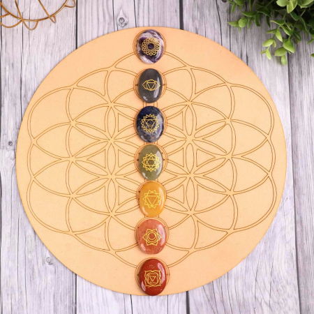 Placa pentru Cristale cu Geometrie Sacra pentru Cele Sapte Chakre - Grid din Lemn MDF 30 cm [3]