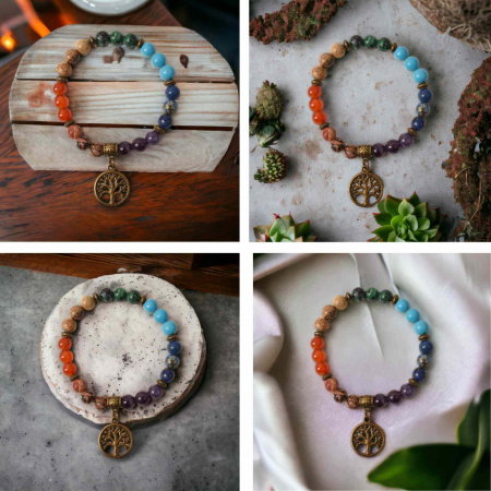 Bratara Elastica cu Pietre Naturale pentru Cele 7 Chakre si Pandantiv cu Arborele Vietii [2]