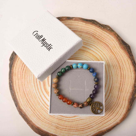 Bratara Elastica cu Pietre Naturale pentru Cele 7 Chakre si Pandantiv cu Arborele Vietii [4]