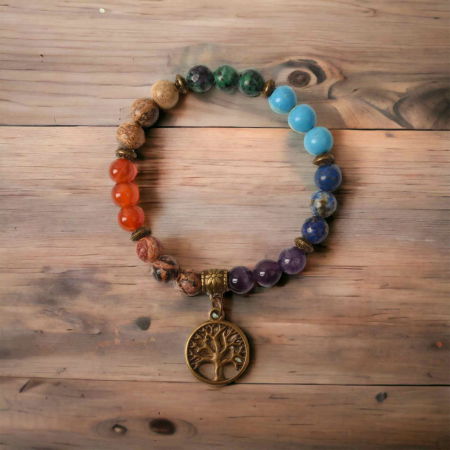 Bratara Elastica cu Pietre Naturale pentru Cele 7 Chakre si Pandantiv cu Arborele Vietii [5]
