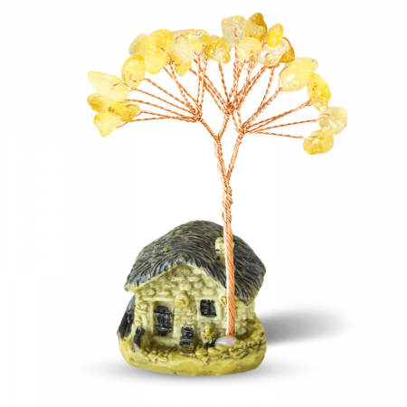 Creativitate si Inspiratie - Mini Casa cu ramura din Citrin Natural , Arbore de Energie Spirituala Reiki, pentru Decoratiuni de Birou si Acasa