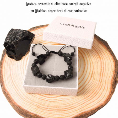 Bratara Ajustabila din Obsidian Negru Brut si Roca Vulcanica Margele de Cristal si Bratara Difuzoare de Ulei Esential pentru Relaxare si Meditatie Yoga [2]