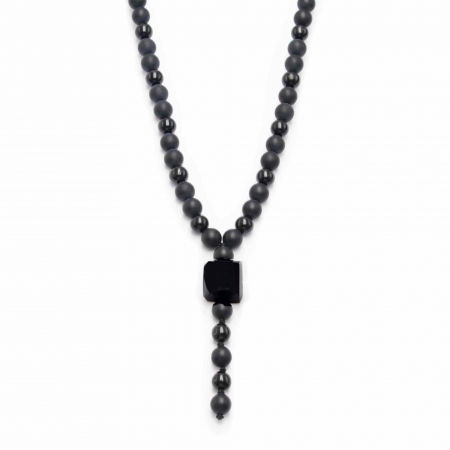Sagetator - Colier cu Margele din Obsidian Negru si Onyx model Y Piatra Naturala Bruta de Obsidian Accesorizata cu Margele de Cristal Onyx pentru Rugaciune, Vindecare si Energie Reiki