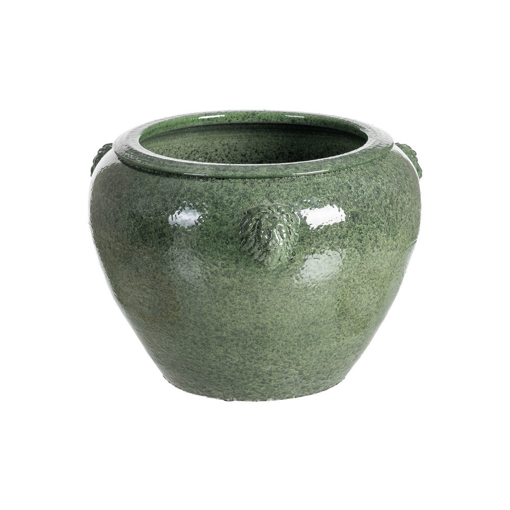 Ghivece, Suporturi flori - Ghiveci din ceramică verde glazurată cu profil rotunjit și aplicații relief