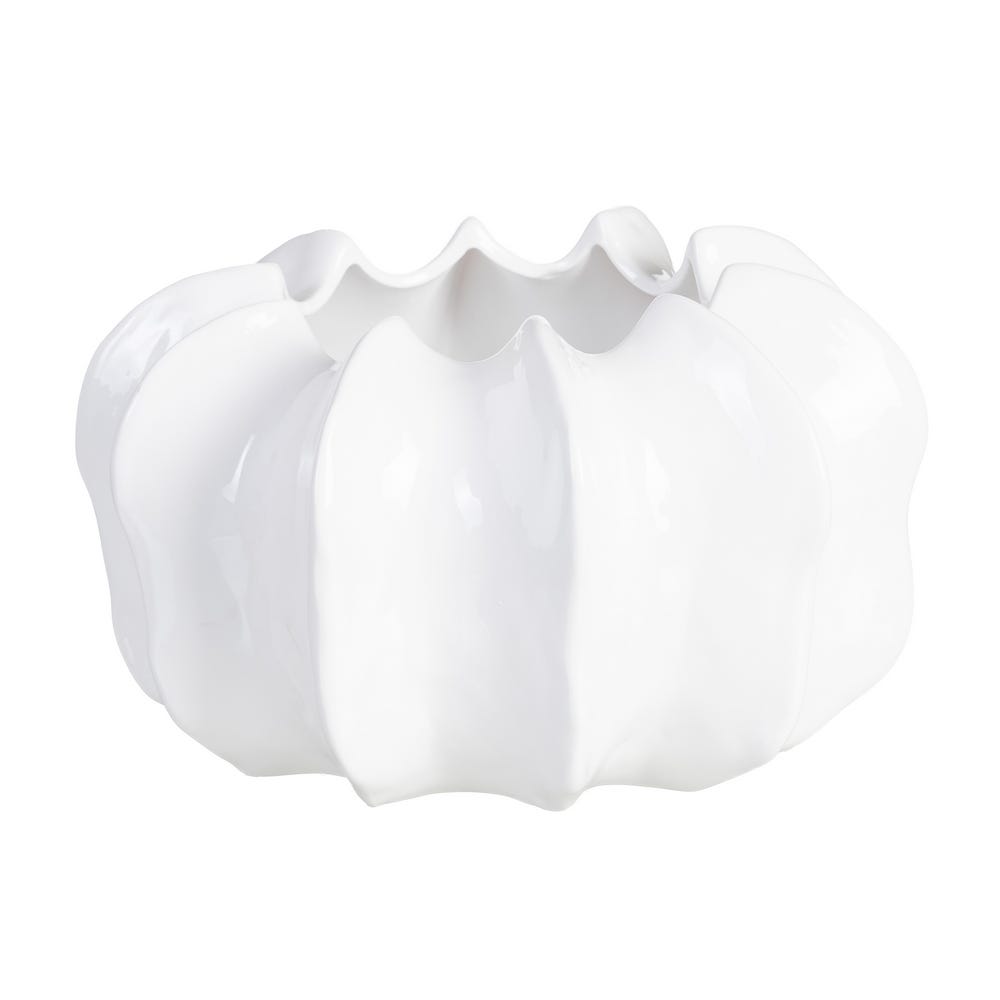Ghivece, Suporturi flori - Ghiveci din ceramică albă lucioasă cu volum sculptural ondulat și margine wavy