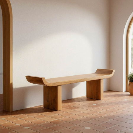 Banchete, Bancute - Banca din lemn de mango cu capete curbate si picioare bloc – vedere laterală, capete curbate, picioare bloc, fibră naturală.