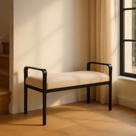 Scandinav - Băncuță tapițată bej cu brațe laterale – structură metalică neagră