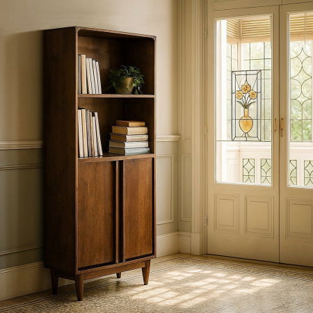 Garrel - Bibliotecă din lemn de mango maro cu rafturi deschise și două uși Garrel – vedere frontală, mânere verticale, rafturi de expunere.
