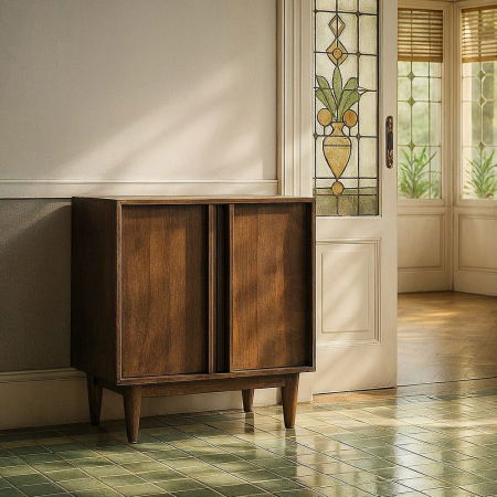 Garrel - Comodă din lemn de mango maro cu două uși – vedere frontală, mânere verticale, picioare conice.