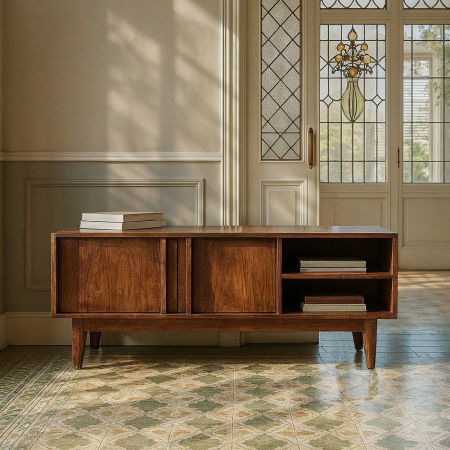 Garrel - Comodă TV din lemn de mango maro cu uși glisante – vedere frontală, picioare conice, două rafturi deschise.