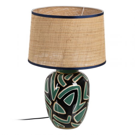 Boho - Lampa portelan negru-verde cu abajur din fibra naturala|Lampi elegante pentru decoruri sofisticate