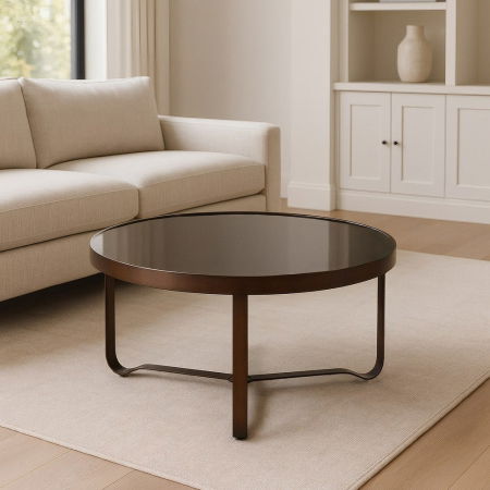 Masute Cafea - Masă de cafea din metal și sticlă maro închis cu blat rotund și bază fluidă în trei laturi