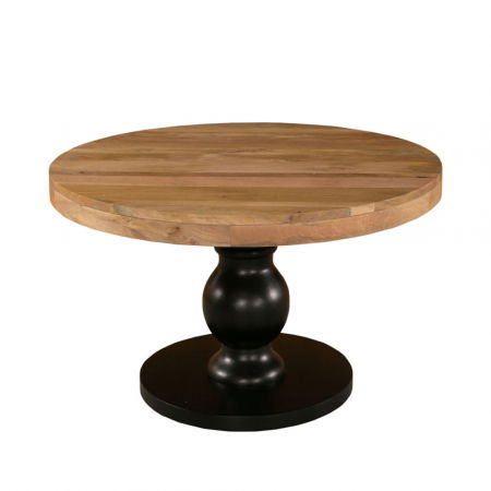 Mese in Stil Rustic - Masă rotundă Fuoco2 – vedere frontală cu blat natur și bază neagră sculptată