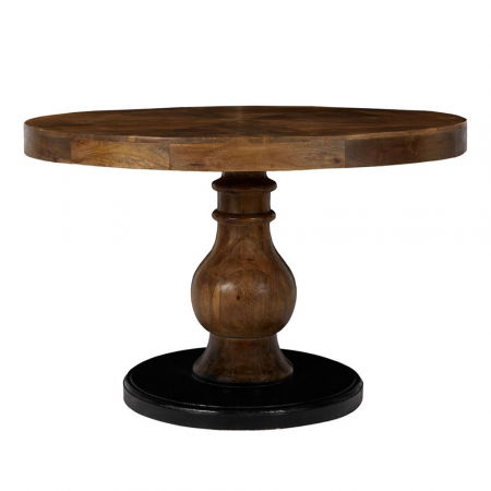 Scaune in Stil Colonial - Masă rotundă Magnolia – imagine laterală cu blat natur și picior central sculptat