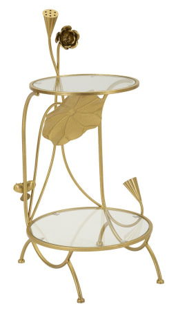 Masute Laterale - Măsuță aurie decorativă cu design floral sculptat și două rafturi din sticlă transparentă