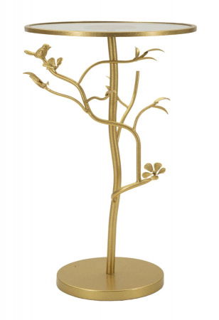 Masute Laterale - Măsuță Birds aurie cu flori și păsări sculptate și blat rotund din sticlă transparentă