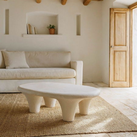 Masute Cafea - Măsuță de cafea albă din polirășină Wilma cu formă organică – vedere de sus, blat curbat, trei picioare conice.