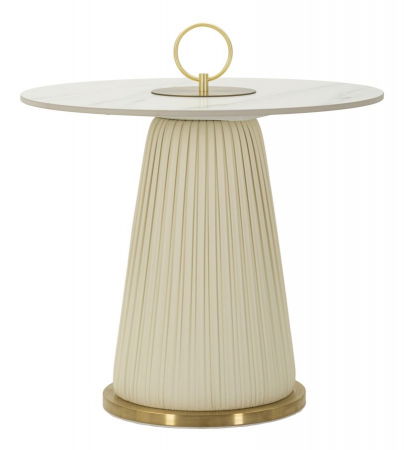 Masute Laterale - Măsuță Nova crem cu blat ceramic marmorat și bază plisată în piele ecologică