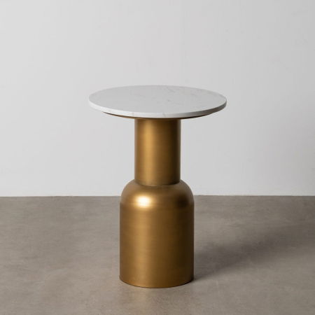 Masute Laterale - Măsuță laterală rotundă aurie cu blat alb de marmură – imagine principală