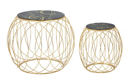 Masute Laterale - Set masute Ball aurii cu structură sferică și blaturi negre din sticlă marmurată