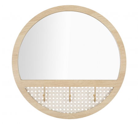 Boho - Oglinda perete rotunda Fuji bej cu 3 cuiere aurii